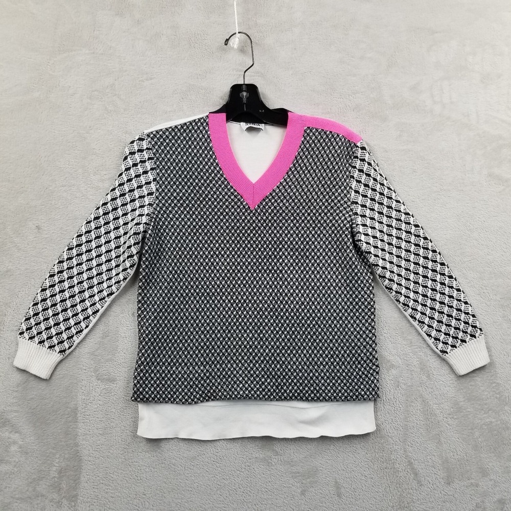 Sonia Rykiel Sweater Women XS Black White Pink Mixed‎ Print Cotton Knit V Neck